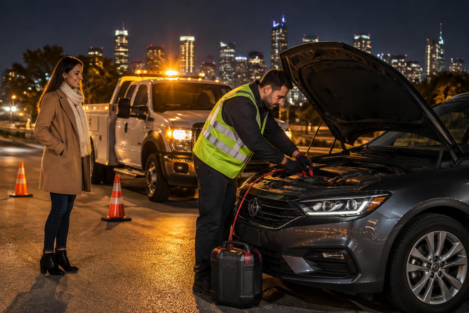 Roadside technician jump-starting a car at night