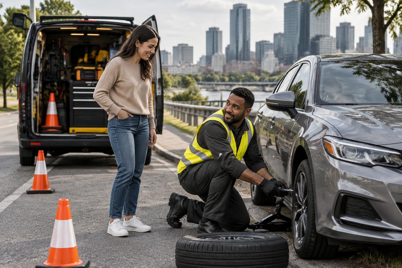 Roadside professional changing a tire while the driver waits beside the vehicle