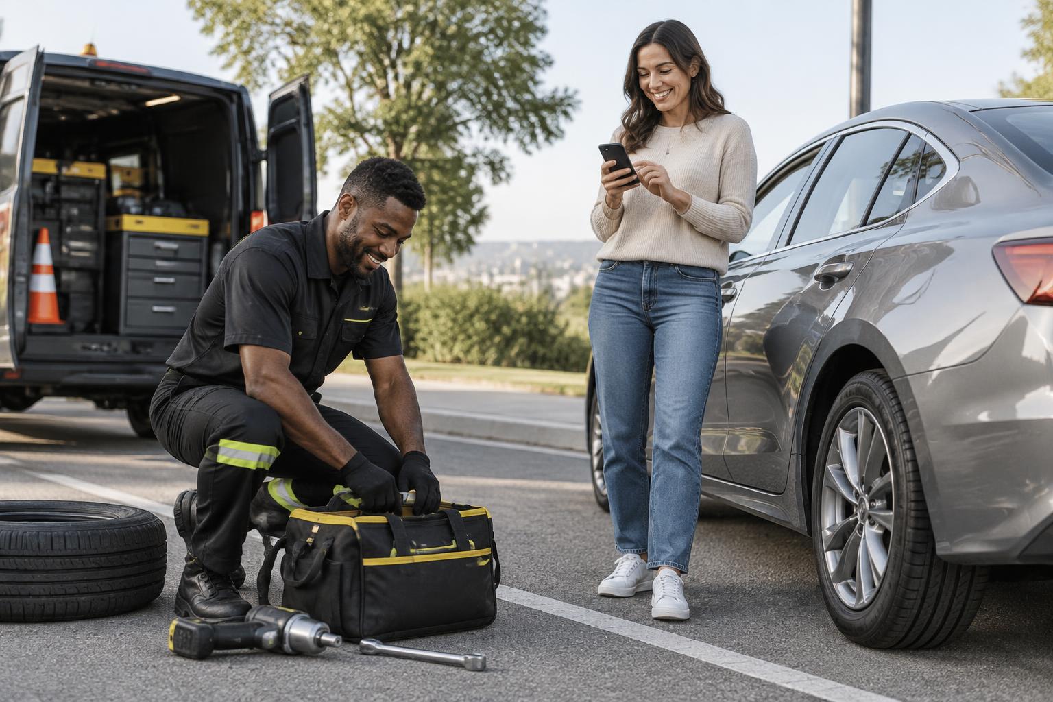 Customer confirming completed roadside service on a phone