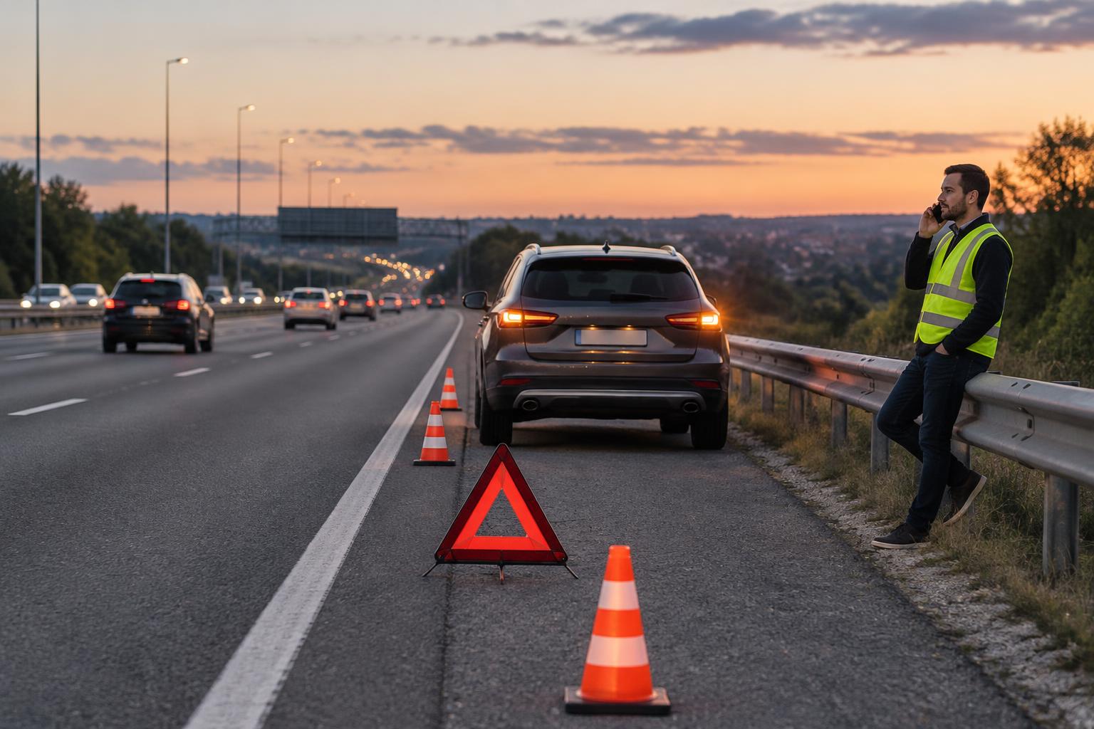 Driver waiting safely behind a guardrail with hazards marking a disabled car