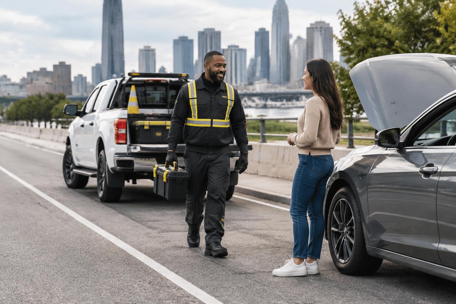 Roadside provider arriving to assist a driver with a disabled car