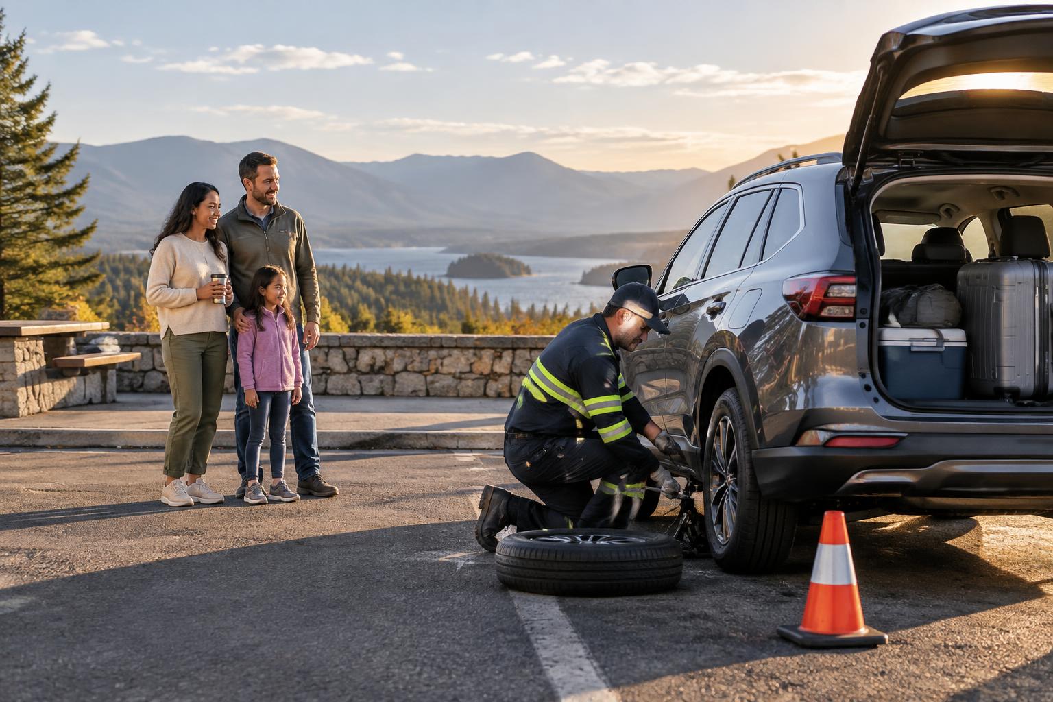 Family receiving tire help during a road trip
